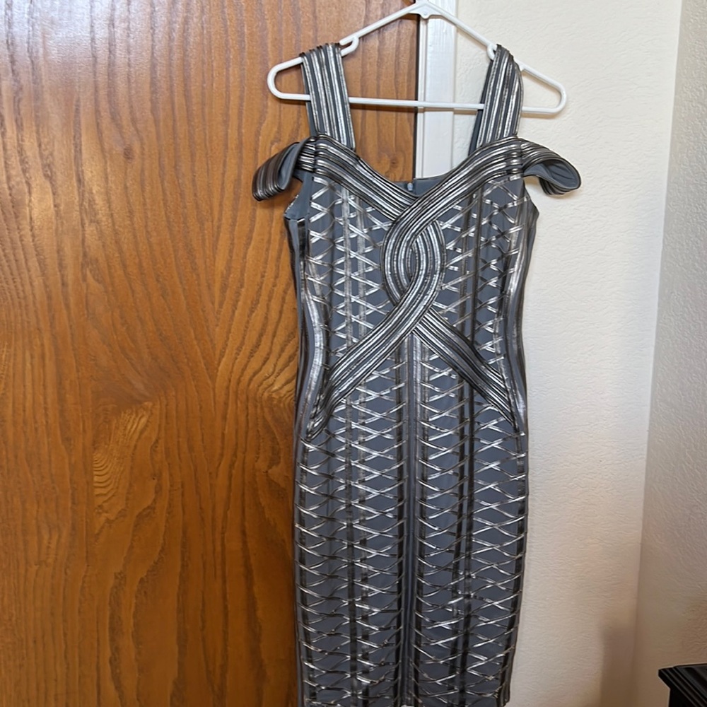 Bandage Dress by IKA. “Obstinee” Size 6. With minor fraying. Silver and Gray